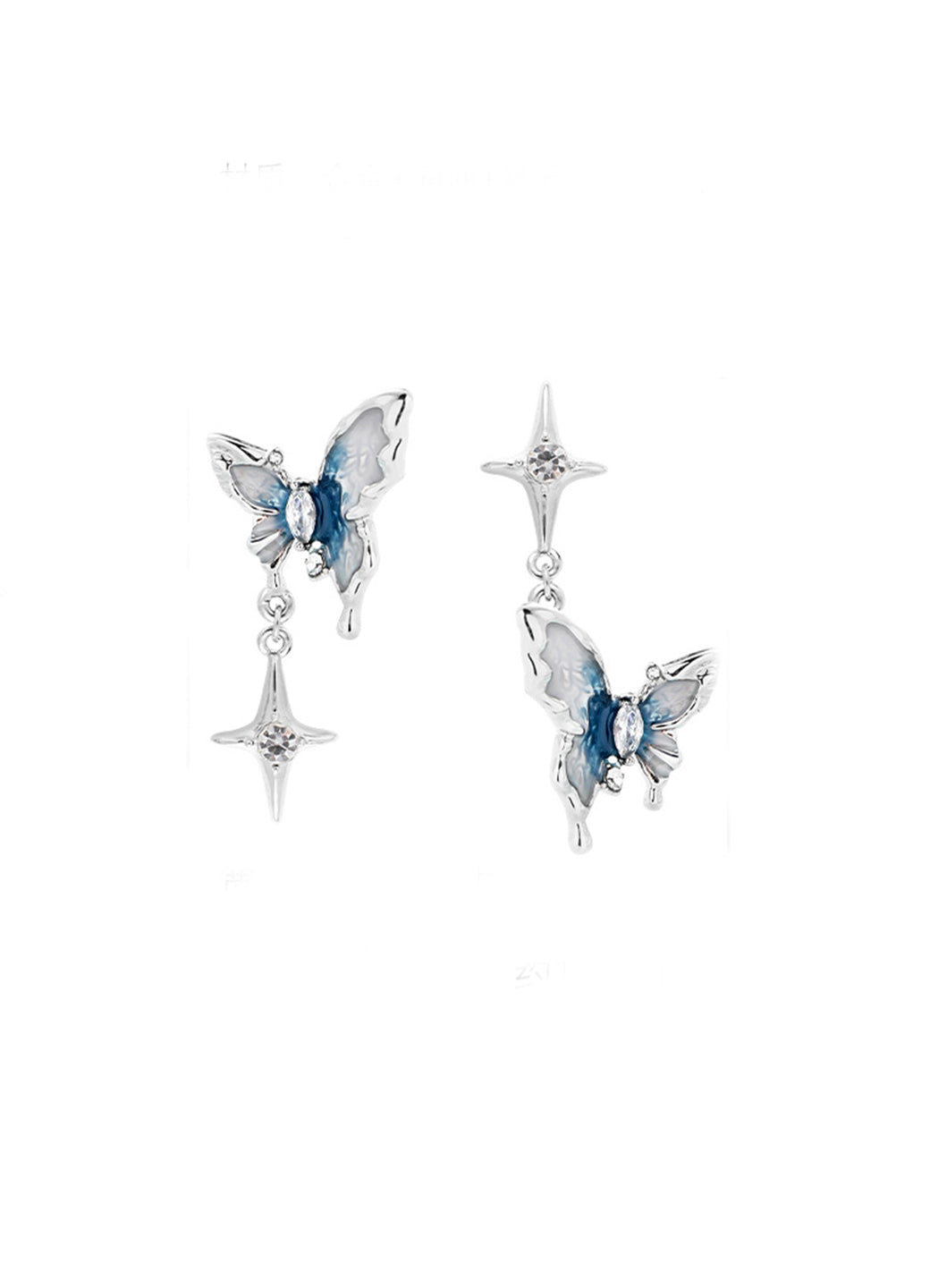 Blue and White Enamel Dropping Butterfly Earrings