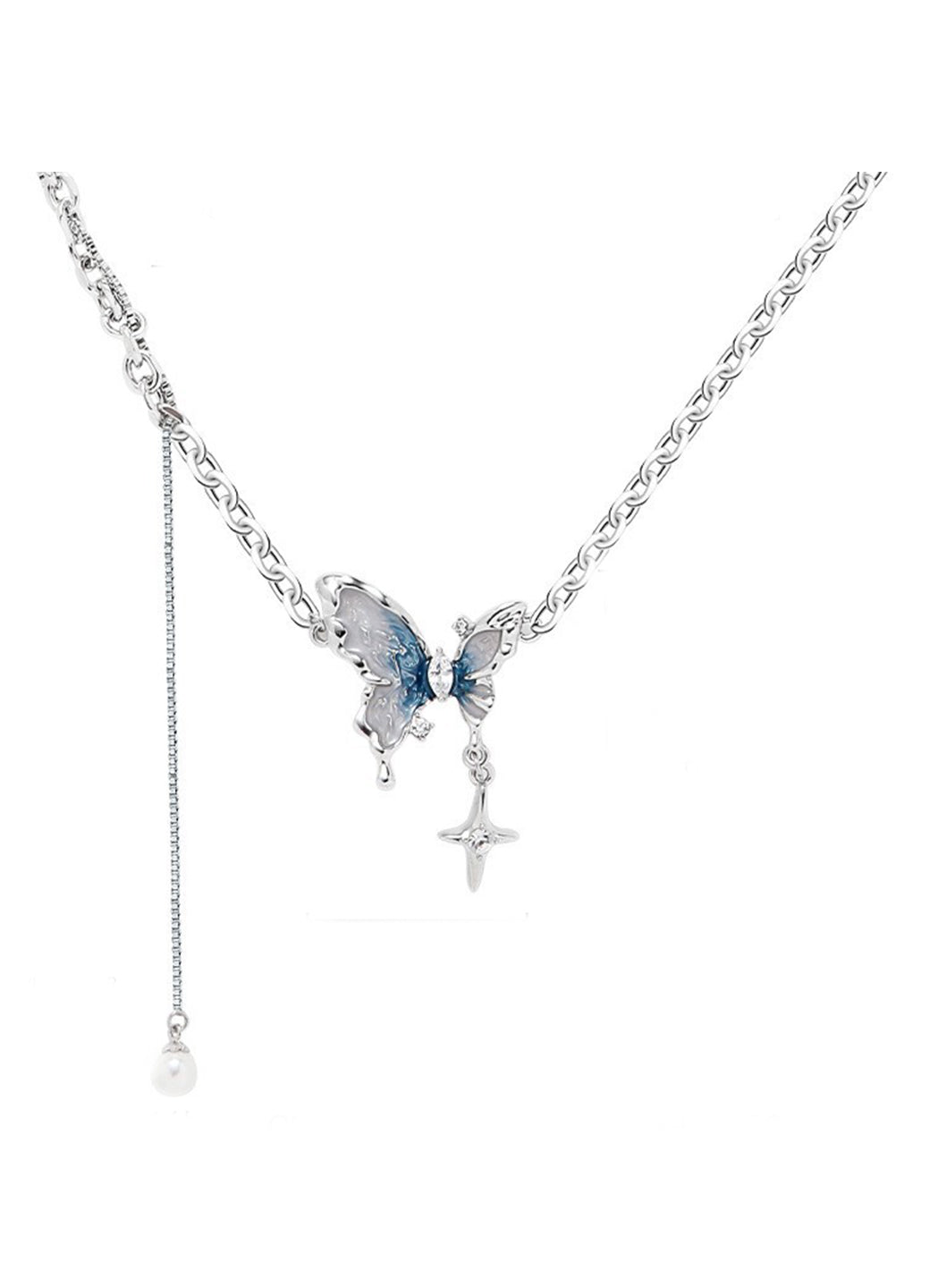 Blue and White Enamel Dropping Butterfly Necklace